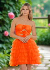 Arabella | A Line Yellow Tulle Strapless Ruffle Short Homecoming Dress - Orange - PromDressClub